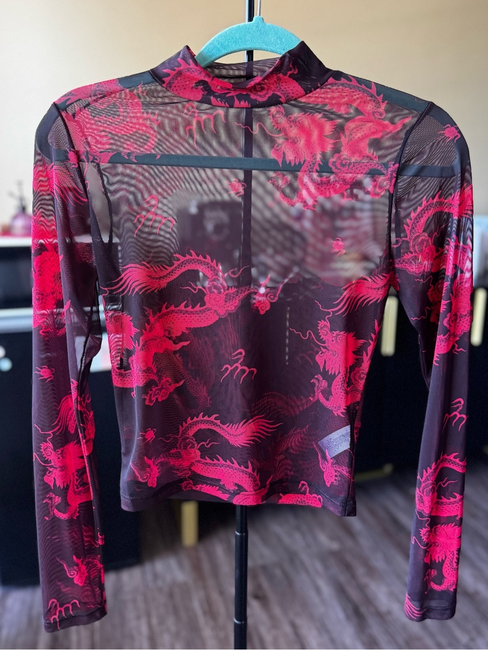 Fashion Nova Black Sheer Long Sleeve Top with Red Dragon Print